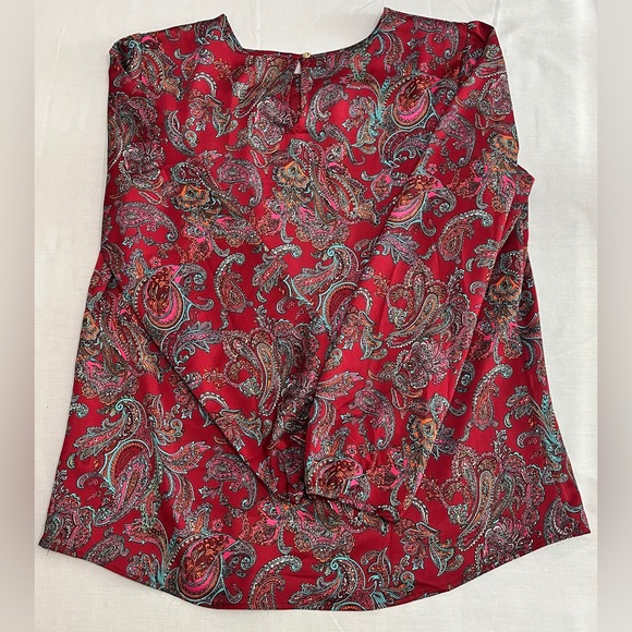 Talbots Top Women's Sz MP Long Sleeve Red Paisley Blouse Ruffled Boho Office - Picture 3 of 7